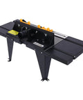 Heavy Duty Benchtop Router Table Packs A Rock Solid Cast Iron Top And Tight Adjustable Fence For Precision Woodworking, side view showing dual extension wings.