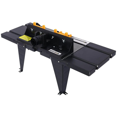 Heavy Duty Benchtop Router Table Packs A Rock Solid Cast Iron Top And Tight Adjustable Fence For Precision Woodworking, side view showing dual extension wings.