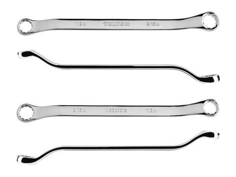 One Half By Nine Sixteenths Inch 45 Degree Offset Box End Wrench With 12 Point Openings Built To Handle Tight Spots And Obstructions Model WBE23313 Ready To Roll, chrome finish, front and side view.