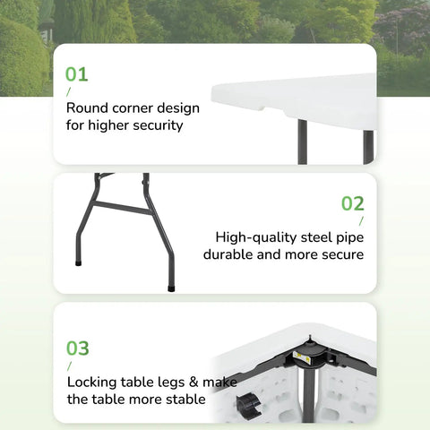 Beast Mode Ready 6Ft Folding Table showing round corners, steel legs, and locking mechanism for stability in events and camping.
