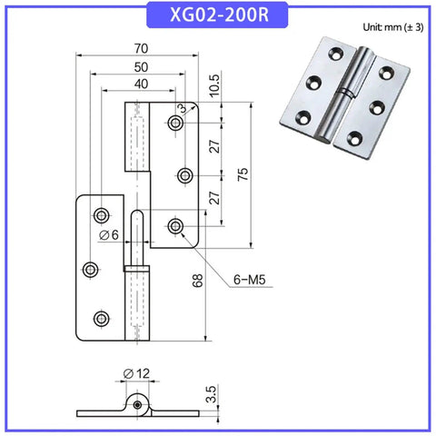 Heavy Duty Detachable Zinc Alloy Hinge For Automation Equipment Components One Piece Durable Industrial Hardware For Machinery Doors And Panels Easy Install Model XG02-200R, 70x75 mm diagram