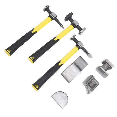 7 Piece Auto Body Repair Kit With Carbon Steel Hammer And Dolly Set, Heavy Duty Dent Tools displayed on white background