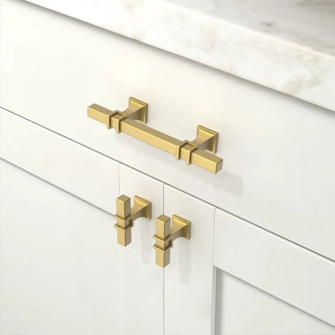 Brushed Gold Cabinet Pulls 3 Inch 76mm, 10 Pack Kitchen Drawer Handles on white cabinet