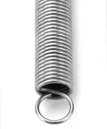 Close-up of stainless steel extension spring with end ring, 6-inch length