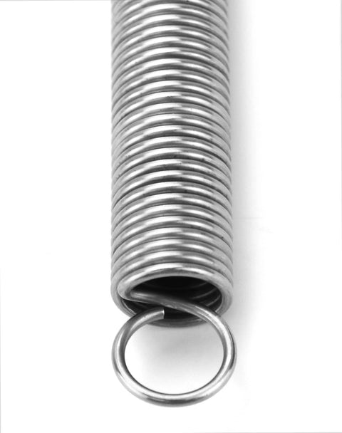 Close-up of stainless steel extension spring with end ring, 6-inch length