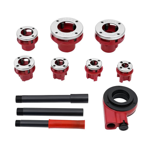 All In One Pipe Threading Kit With Seven Die Heads And Ratchet For PVC Galvanized Iron Plastic And PPR Pipes From Three Eighths Inch To Two Inches In Red Finish