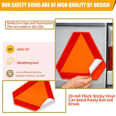 Badass Slick Adhesive Orange Smv Triangle Sign With Diamond Grade Reflective Dot Compliant High Visibility Safety Emblem For Golf Cart Utk Tractor Utility Rider Smooth, showcasing sticky vinyl and reflective material.