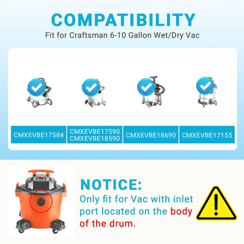 Compatibility chart for five pack fine dust filter bags for 6 to 9 gallon shop vacuums replacement bags for 17584 and 17590 series CMXZVBE39970