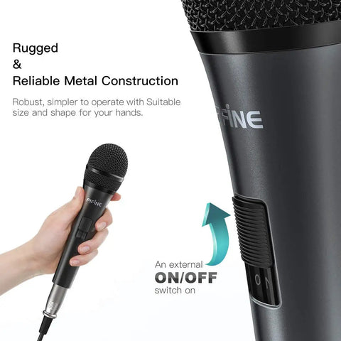 Person holding Karaoke Dynamic Vocal Microphone For Stage And Home Use 6.35mm Wired Handheld Mic With On Off Switch