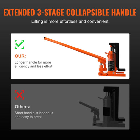 VEVOR hydraulic jack with extended orange handle for machinery; two-panel comparison with shorter-handle unit.