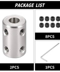Package list showing 2 Pack 6mm To 6.35mm Bore Rigid Shaft Coupler With Set Screws, including couplers, screws, and hex key.