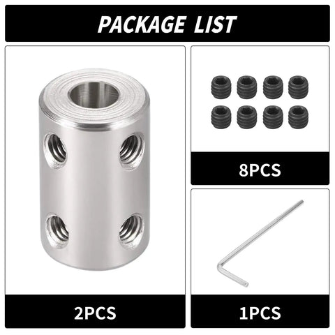 Package list showing 2 Pack 6mm To 6.35mm Bore Rigid Shaft Coupler With Set Screws, including couplers, screws, and hex key.