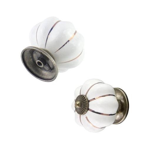 Fresh Crisp White Matte Ceramic Drawer Pulls Rocking A Sweet Pumpkin Shape crafted with gold accents for kitchen cabinets.