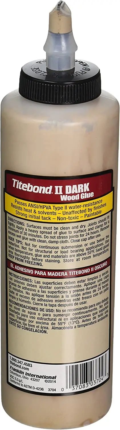 Back view of Titebond II Dark Wood Glue 16 oz bottle, featuring label details and cap design for DIY woodworking projects.