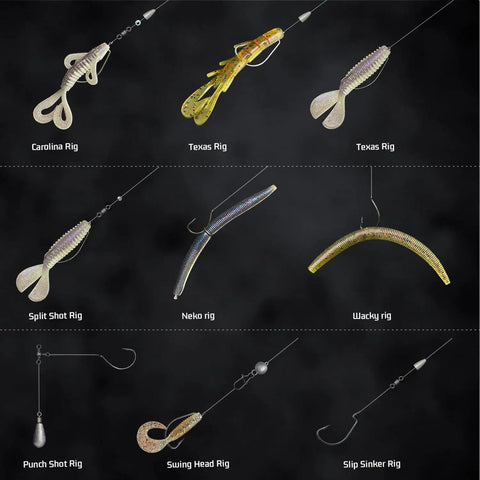 Various fishing rigs including Carolina, Texas, Split Shot, Neko, Wacky, Punch Shot, Swing Head, and Slip Sinker in tackle kit.
