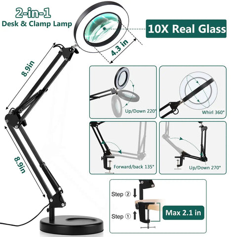 2-in-1 real glass 10x magnifying desk lamp and clamp with stand, adjustable angles, ideal for close work and repairs.