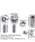 Rock Solid Heavy Duty Heim Joint Rod End Kit With Tube Adapters And Spacers 4Pc 5/8x18 dimensions of rod ends and nuts