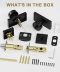 Matte Black Exterior Door Knob And Deadbolt Set Built Tough Heavy Duty Zinc Alloy Front Door Lock set components on display.