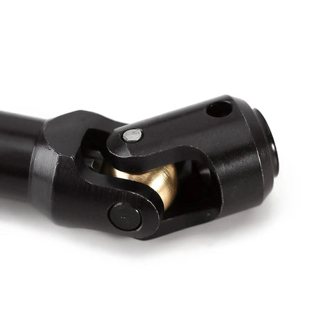 Close-up of black steel U-joint from Super Tough Heavy Duty Steel Drive Shaft With Universal Joint For 1/10 RC Car Crawler Rig Adjustable Length