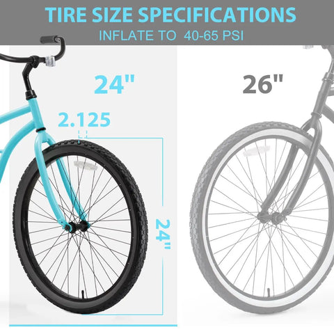 Two Pack Cruiser Bike Tire Kit With Tubes And Levers 24x2.125 Inch visible on a blue bike, tire size specifications shown