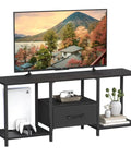 Slick Industrial TV Stand With Fabric Drawer For Fifty Five Inch TV, black media console with open shelves and TV.