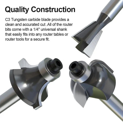 Close-up of Heavy Duty 12 Piece Tungsten Carbide Router Bits Set With Standard Quarter Inch Shank for precise cutting edges.
