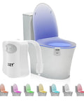 Motion Sensor Toilet Night Light With Eight Color Changing Led Glow For Bathroom Hands Free Auto On In Darkness Perfect For Midnight Pee Energy Saving Nightlight Fun Gift For Family showing toilet with blue glow and LED light device