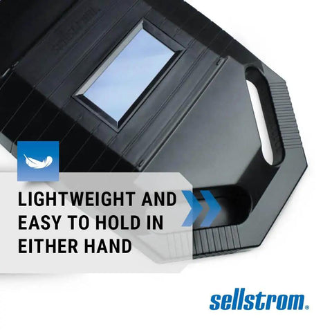 Lightweight Handy Grab And Go Welding Shield with Shade 10 IR Filter showcasing handle and 2 by 4.25 inch viewing window.