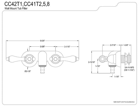 Technical drawing of Vintage Wall Mount Tub Faucet In Oil Rubbed Bronze Finish With Three And Three Eighths Inch Projection.
