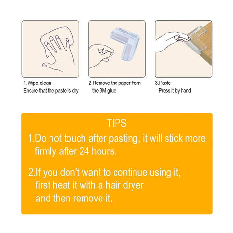 Instructions for applying Clear Corner Guards 12 Pack For Baby Proofing Tables And Furniture Ultra Strong Adhesive Gel Edge Bumpers