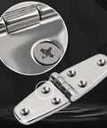 Close-up of Marine Grade Stainless Steel Boat Hatch Hinge Set Heavy Duty Tough As Nails Four Inch By 1.5 Inch Hinges With Screws