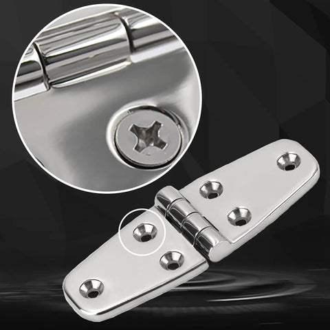 Close-up of Marine Grade Stainless Steel Boat Hatch Hinge Set Heavy Duty Tough As Nails Four Inch By 1.5 Inch Hinges With Screws