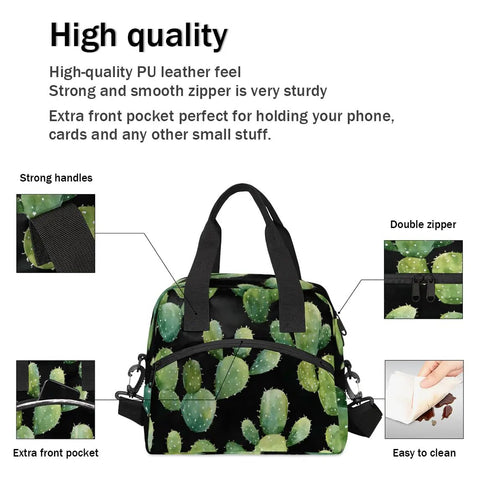 Green Desert Cacti Insulated Lunch Bag For Work And Travel with strong handles, double zipper, and extra front pocket detail.