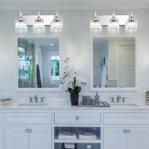 Modern Crystal Bathroom Vanity Light 3 Light Chrome Wall Sconce Over Mirror With Square Shade Luxurious Glass Crystal Bath Fixture