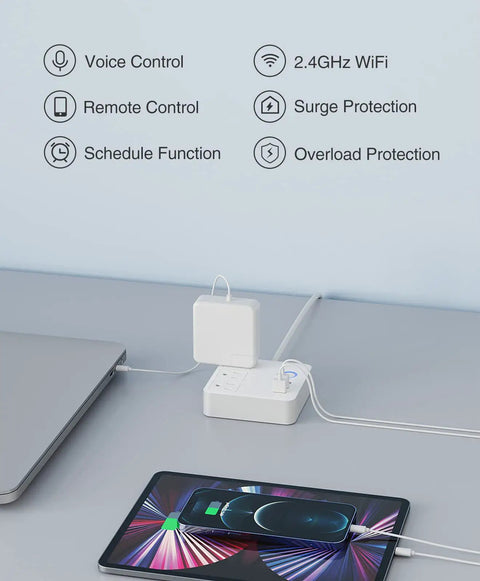 Smart Power Strip With USB Ports And 3 Individually Controlled Outlets, Surge Protector, WiFi Timer in use with laptop and smartphone.