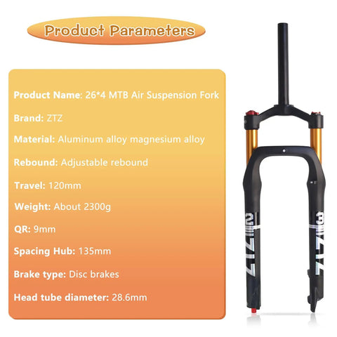 Specifications of Fat Tire MTB Air Suspension Fork With Rebound Adjust, 120mm Travel, 135mm Hub, 9mm QR, Crown Lockout.
