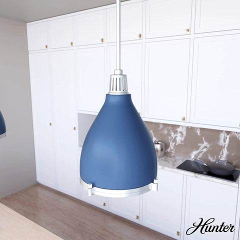 Indigo Blue Pendant Light With Holophane Glass Shade For Kitchen Living Room Foyer And Dining Area Durable Steel Or Aluminum Fixture Modern Pendant Lighting With Premium Finish And Dope Yet Casual Upscale Vibe in kitchen setting