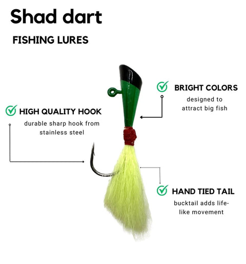 Assorted Darts Fishing Lures Kit With 1/4 Oz Bucktail Jigs, 25 Pack in 5 Colors, close-up of bright painted lure with hand-tied tail.