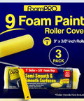 9 Inch Foam Paint Roller Covers For Smooth And Semi Smooth Surfaces Pack Of Three displayed on a package with yellow roller