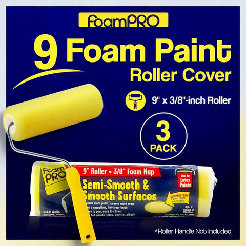 9 Inch Foam Paint Roller Covers For Smooth And Semi Smooth Surfaces Pack Of Three displayed on a package with yellow roller