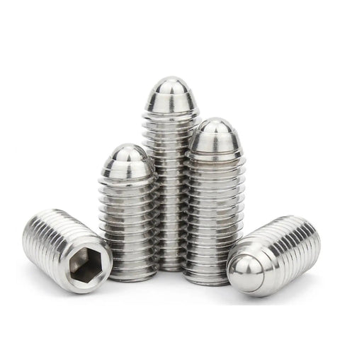 Heavy Duty M12x60mm Spring Ball Plunger Featuring A Hex Socket For Tight Precision Positioning And Rock Solid Machine Mounting In Premium 304 Stainless Steel Built Tough For Daily Workbench Grunt Work, showing several stainless steel plungers.