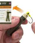 Hands using Fishing Knot Tying Tool With Line Threader And Eyelet Grip Jig Head And Hook Clipper Four Step No Fuss Grip Glide Tie Clip System