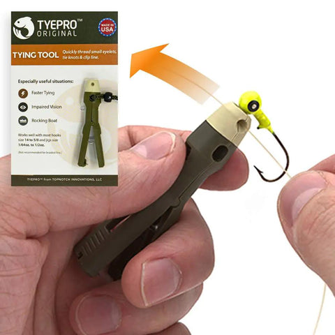 Hands using Fishing Knot Tying Tool With Line Threader And Eyelet Grip Jig Head And Hook Clipper Four Step No Fuss Grip Glide Tie Clip System