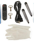 Heavy Duty 43 Inch Dual Sided Touchscreen Kiosk accessories including remote, gloves, and cleaning cloths.