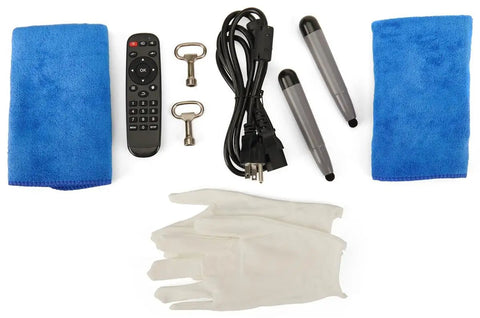 Heavy Duty 43 Inch Dual Sided Touchscreen Kiosk accessories including remote, gloves, and cleaning cloths.