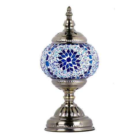 Handmade Turkish Mosaic Table Lamp With Boho Moroccan Glass Bead Globe, Perfect Night Light, antique bronze base, 11'' high