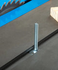 Beefy One Quarter Twenty Miter T Slot Bolts inserted in a table saw miter slot with a wooden fixture nearby, ideal for fixturing.