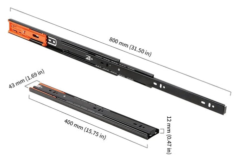 Two-Piece Quiet Drawer Slides for 12 to 20 Inch Cabinets, 45mm Track Width, Green Bronze Three-Section Rail System