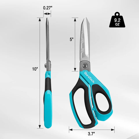 Beefy Heavy Duty All Purpose Scissors For Home, Office And Workshop With 10 Inch Stainless Steel Blades, Ergonomic Non Slip TPR Handle, Long Lasting Sharp Cut Through Cardboard, Fabric, Paper And Tough Materials. Side view with size labels and 9.2 oz weight