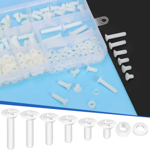 Top Shelf 360 Piece M5 Nylon Phillips Countersunk Head Machine Screws Kit With Hex Nuts And Washers In White assorted screws and washers.